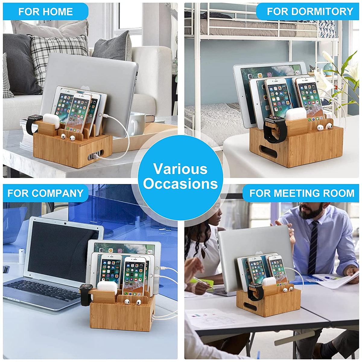 Tekavo™ | Bambus-Ladestation mit 5-Port-USB-Ladegerät und Kabelmanagement